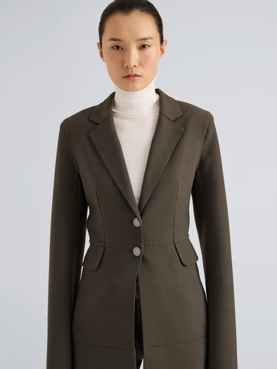 Proenza Schouler Front cropped image of model wearing Maera Jacket in Bi-Stretch Double Wool in Earth