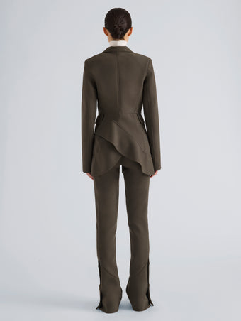 Proenza Schouler Back full length image of model wearing Maera Jacket in Bi-Stretch Double Wool in Earth
