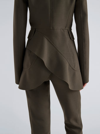 Proenza Schouler Detail image of model wearing Maera Jacket in Bi-Stretch Double Wool in Earth