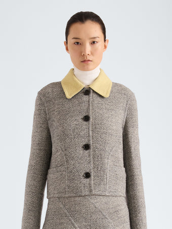 Proenza Schouler Front cropped image of model wearing Gaelle Jacket in Double Face Melange Outerwear in Ecru Tahini Multi