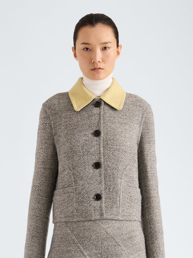Proenza Schouler Front cropped image of model wearing Gaelle Jacket in Double Face Melange Outerwear in Ecru Tahini Multi