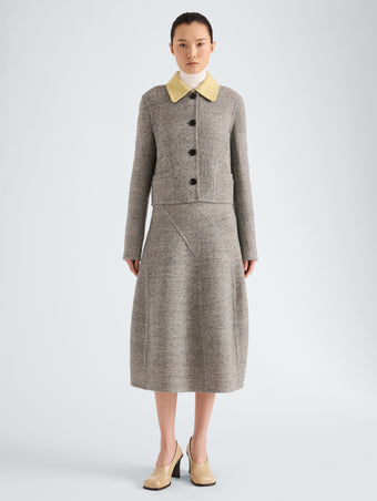 Proenza Schouler Front full length image of model wearing Gaelle Jacket in Double Face Melange Outerwear in Ecru Tahini Multi