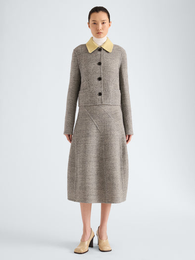 Proenza Schouler Front full length image of model wearing Gaelle Jacket in Double Face Melange Outerwear in Ecru Tahini Multi
