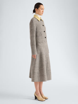 Proenza Schouler Side full length image of model wearing Gaelle Jacket in Double Face Melange Outerwear in Ecru Tahini Multi