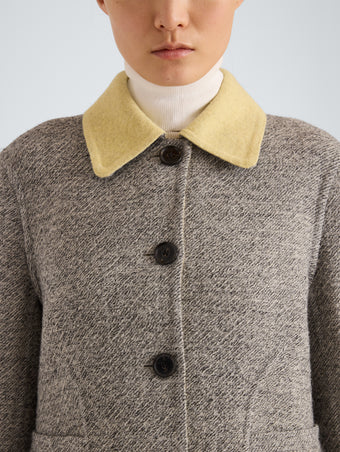 Proenza Schouler Detail image of model wearing Gaelle Jacket in Double Face Melange Outerwear in Ecru Tahini Multi