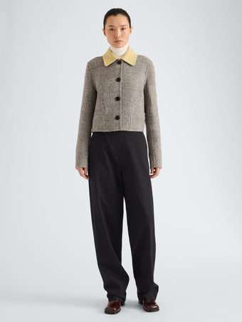 Proenza Schouler Front full length image of model wearing Gaelle Jacket in Double Face Melange Outerwear in Ecru Tahini Multi