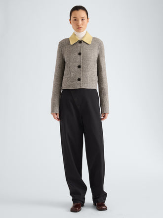 Proenza Schouler Front full length image of model wearing Gaelle Jacket in Double Face Melange Outerwear in Ecru Tahini Multi