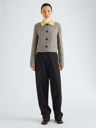 Proenza Schouler Front full length image of model wearing Gaelle Jacket in Double Face Melange Outerwear in Ecru Tahini Multi