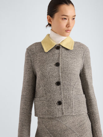 Proenza Schouler Detail image of model wearing Gaelle Jacket in Double Face Melange Outerwear in Ecru Tahini Multi