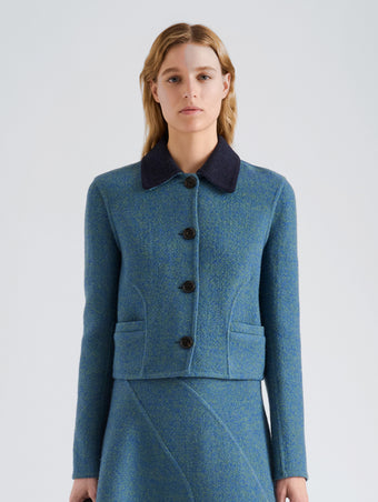 Proenza Schouler Front cropped image of model wearing Gaelle Jacket in Double Face Melange Outerwear in Green Midnight Multi