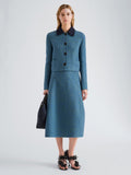 Proenza Schouler Front full length image of model wearing Gaelle Jacket in Double Face Melange Outerwear in Green Midnight Multi