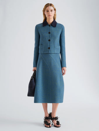 Proenza Schouler Front full length image of model wearing Gaelle Jacket in Double Face Melange Outerwear in Green Midnight Multi