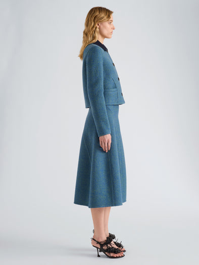 Proenza Schouler Side full length image of model wearing Gaelle Jacket in Double Face Melange Outerwear in Green Midnight Multi