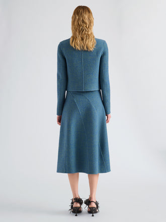 Proenza Schouler Back full length image of model wearing Gaelle Jacket in Double Face Melange Outerwear in Green Midnight Multi