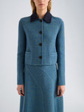 Proenza Schouler Detail image of model wearing Gaelle Jacket in Double Face Melange Outerwear in Green Midnight Multi