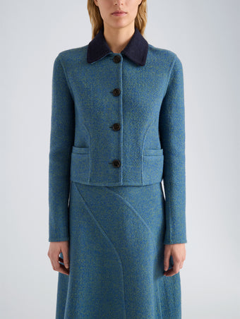 Proenza Schouler Detail image of model wearing Gaelle Jacket in Double Face Melange Outerwear in Green Midnight Multi