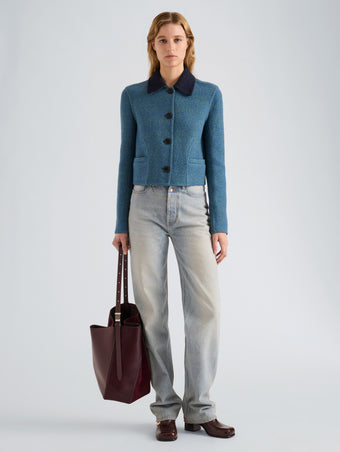 Proenza Schouler Front full length image of model wearing Daria Jacket In Plaid Wool Suiting in Grey Multi
