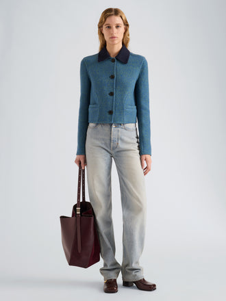 Proenza Schouler Front full length image of model wearing Daria Jacket In Plaid Wool Suiting in Grey Multi