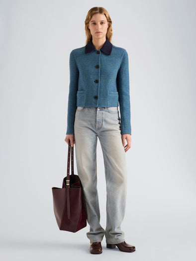 Proenza Schouler Front full length image of model wearing Daria Jacket In Plaid Wool Suiting in Grey Multi