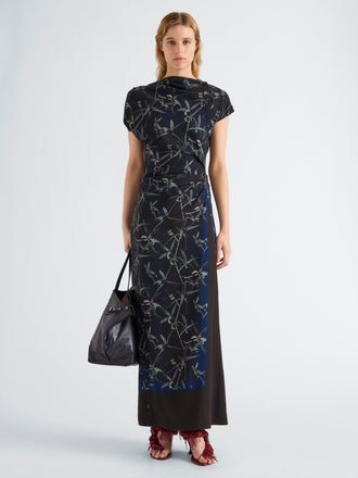 Proenza Schouler Front full length image of model wearing Anais Dress in Printed Stretch Cady in Ink Multi
