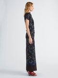 Proenza Schouler Side full length image of model wearing Anais Dress in Printed Stretch Cady in Ink Multi