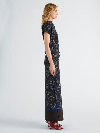 Proenza Schouler Side full length image of model wearing Anais Dress in Printed Stretch Cady in Ink Multi