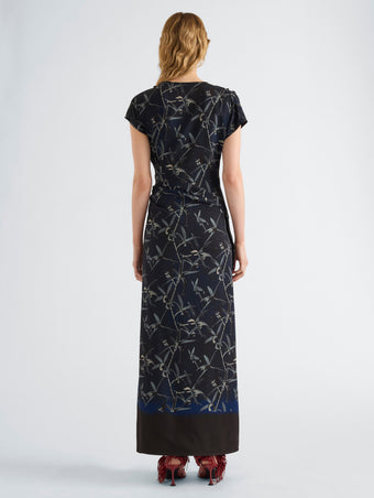 Proenza Schouler Back full length image of model wearing Anais Dress in Printed Stretch Cady in Ink Multi