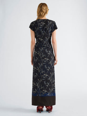 Proenza Schouler Back full length image of model wearing Anais Dress in Printed Stretch Cady in Ink Multi