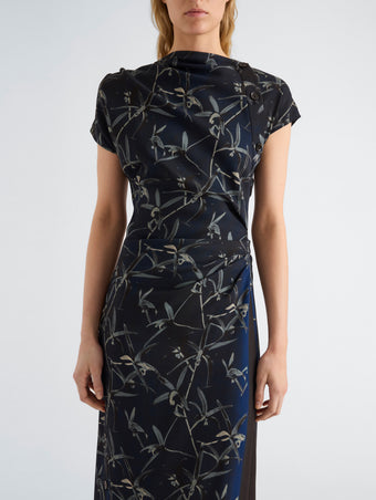 Proenza Schouler Detail image of model wearing Anais Dress in Printed Stretch Cady in Ink Multi