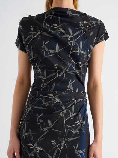 Proenza Schouler Detail image of model wearing Anais Dress in Printed Stretch Cady in Ink Multi