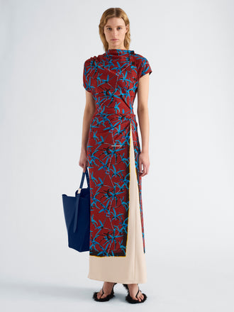 Proenza Schouler Front full length image of model wearing Anais Dress in Printed Stretch Cady in Madder Multi