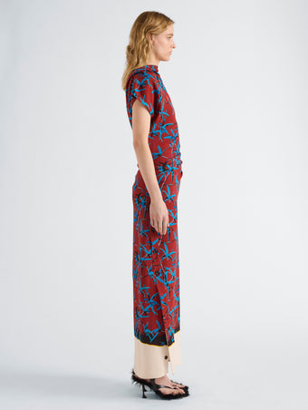 Proenza Schouler Side full length image of model wearing Anais Dress in Printed Stretch Cady in Madder Multi