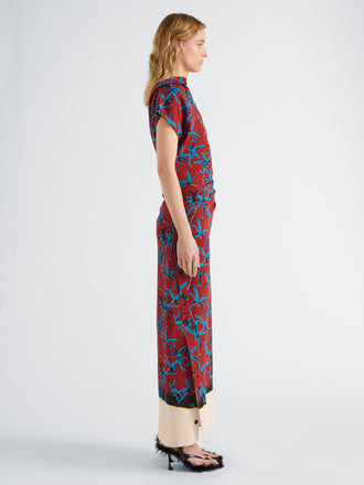 Proenza Schouler Side full length image of model wearing Anais Dress in Printed Stretch Cady in Madder Multi
