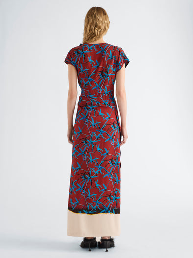 Proenza Schouler Back full length image of model wearing Anais Dress in Printed Stretch Cady in Madder Multi