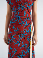 Proenza Schouler Detail image of model wearing Anais Dress in Printed Stretch Cady in Madder Multi
