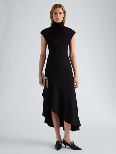 Proenza Schouler Front full length image of model wearing Elodine Dress in Tropical Wool in Black