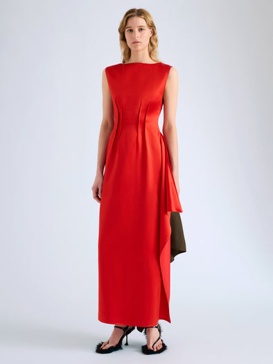 Proenza Schouler Front full length image of model wearing Isoria Dress in Solid Satin in Flame