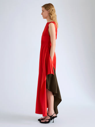 Proenza Schouler Side full length image of model wearing Isoria Dress in Solid Satin in Flame