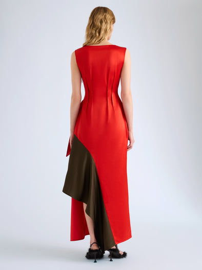 Proenza Schouler Back full length image of model wearing Isoria Dress in Solid Satin in Flame