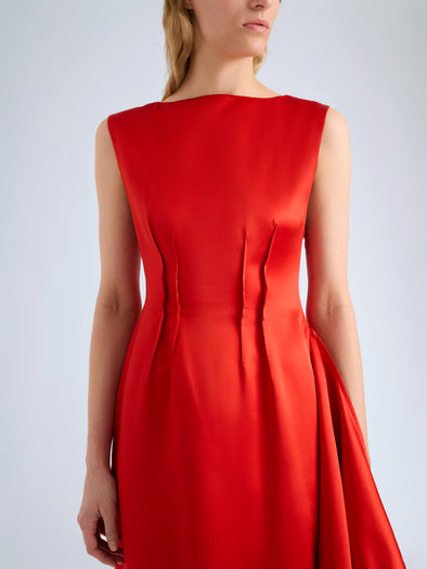 Proenza Schouler Detail image of model wearing Isoria Dress in Solid Satin in Flame
