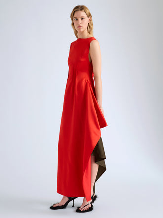 Proenza Schouler Front full length image of model wearing Isoria Dress in Solid Satin in Flame