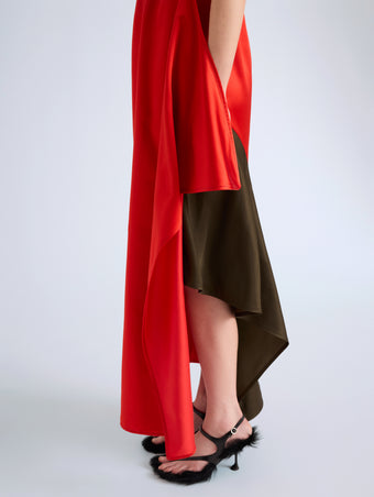 Proenza Schouler Detail image of model wearing Isoria Dress in Solid Satin in Flame
