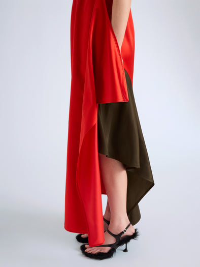 Proenza Schouler Detail image of model wearing Isoria Dress in Solid Satin in Flame
