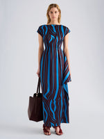 Proenza Schouler Front full length image of model wearing Isoria Dress in Twisted Stripe Satin Jacquard in Cyan Amarone