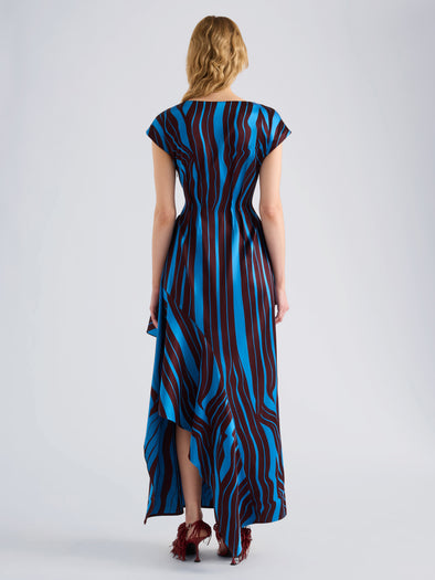 Proenza Schouler Back full length image of model wearing Isoria Dress in Twisted Stripe Satin Jacquard in Cyan Amarone