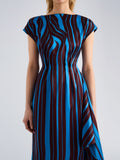 Proenza Schouler Detail image of model wearing Isoria Dress in Twisted Stripe Satin Jacquard in Cyan Amarone