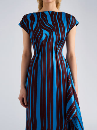 Proenza Schouler Detail image of model wearing Isoria Dress in Twisted Stripe Satin Jacquard in Cyan Amarone