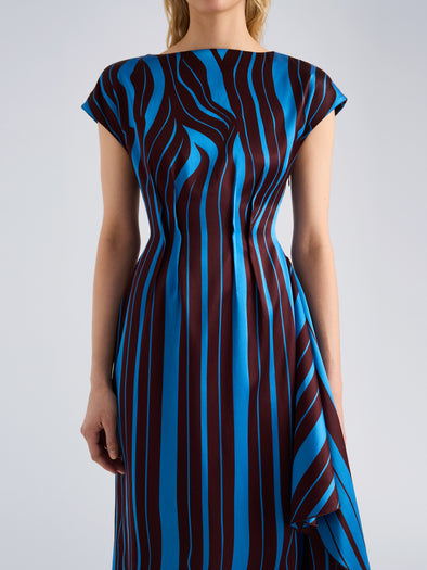Proenza Schouler Detail image of model wearing Isoria Dress in Twisted Stripe Satin Jacquard in Cyan Amarone