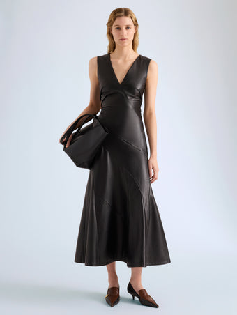 Proenza Schouler Front full length image of model wearing Kenza Dress in Nappa Leather in Black