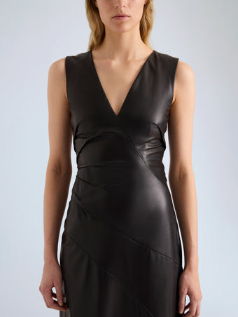 Proenza Schouler Detail image of model wearing Kenza Dress in Nappa Leather in Black